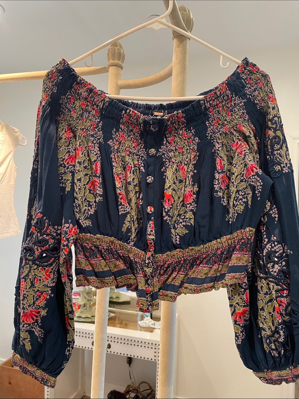 Free People Navy Floral Off-Shoulder Peasant Crop Top